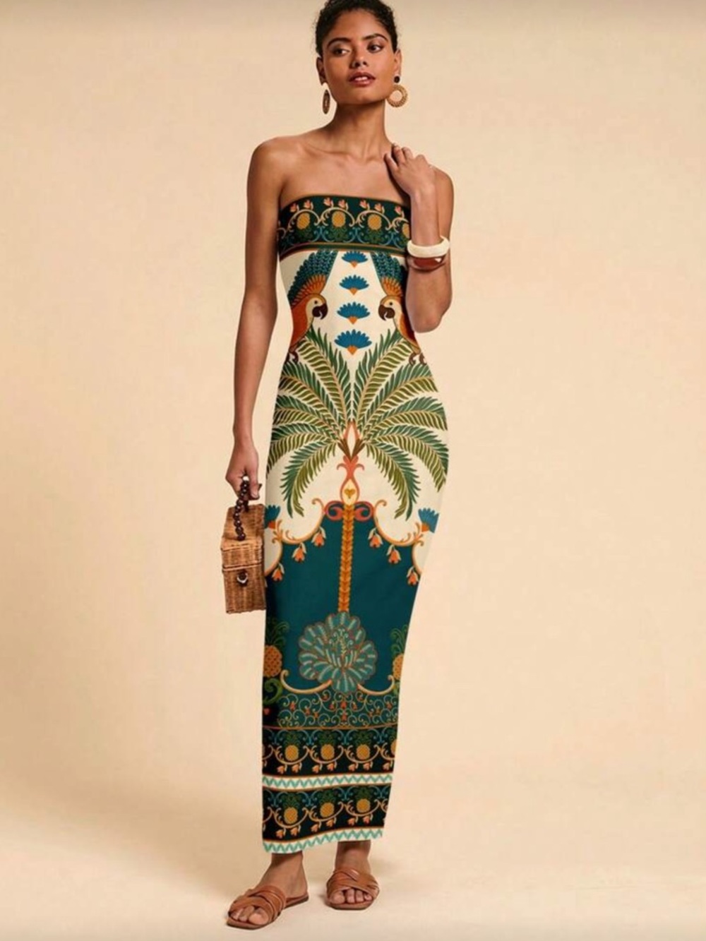 Strapless Green Palm-Print Maxi Dress